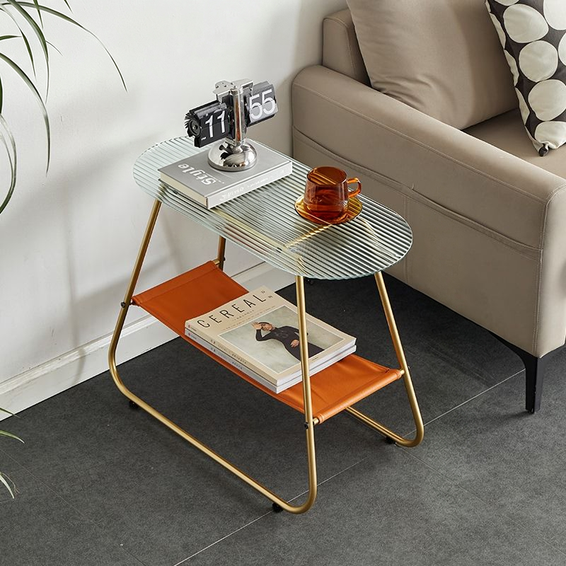 Modern Minimalist Trapezoidal Tempered Glass Artificial Leather Steel Side Table 2-Tier For Living Room