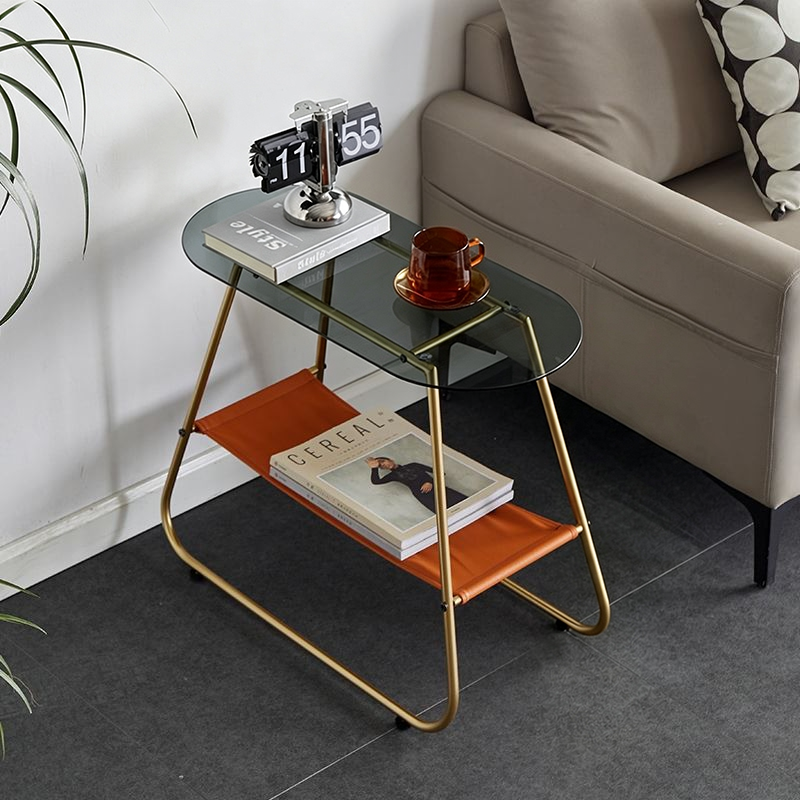 Modern Minimalist Trapezoidal Tempered Glass Artificial Leather Steel Side Table 2-Tier For Living Room