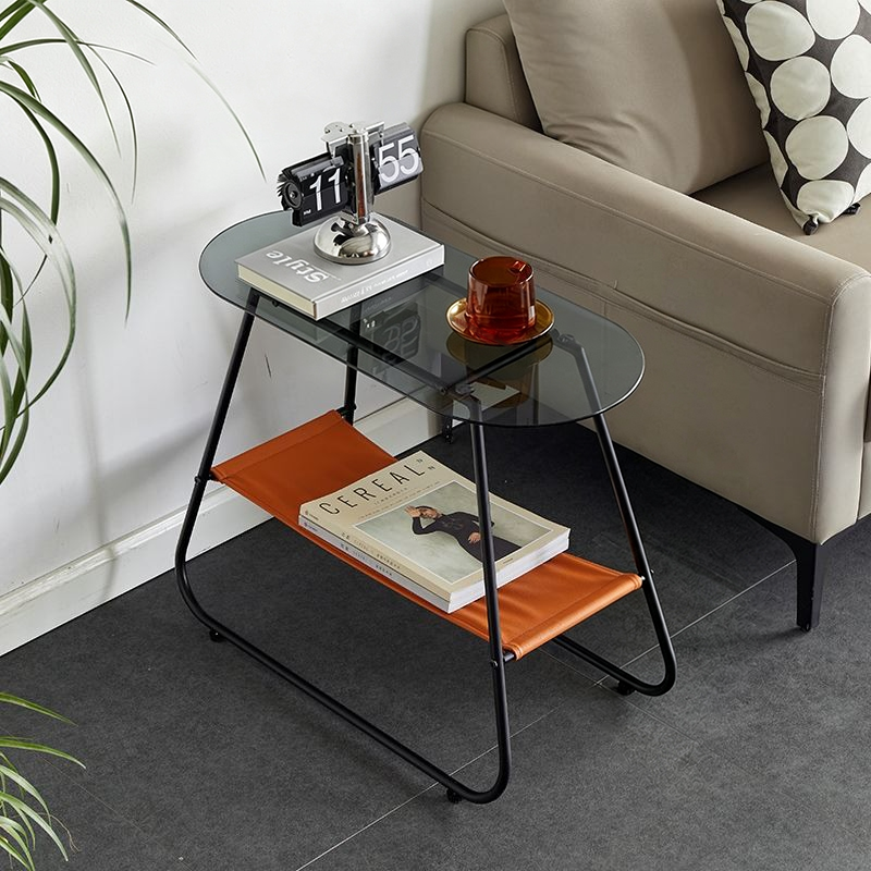 Modern Minimalist Trapezoidal Tempered Glass Artificial Leather Steel Side Table 2-Tier For Living Room