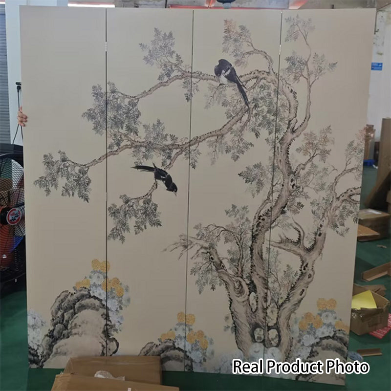 Traditional French Rectangular Fir Wood Solid Wood Plywood Cotton Canvas Floral And Bird Motif Room Divider For Living Room