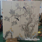 Traditional French Rectangular Fir Wood Solid Wood Plywood Cotton Canvas Floral And Bird Motif Room Divider For Living Room
