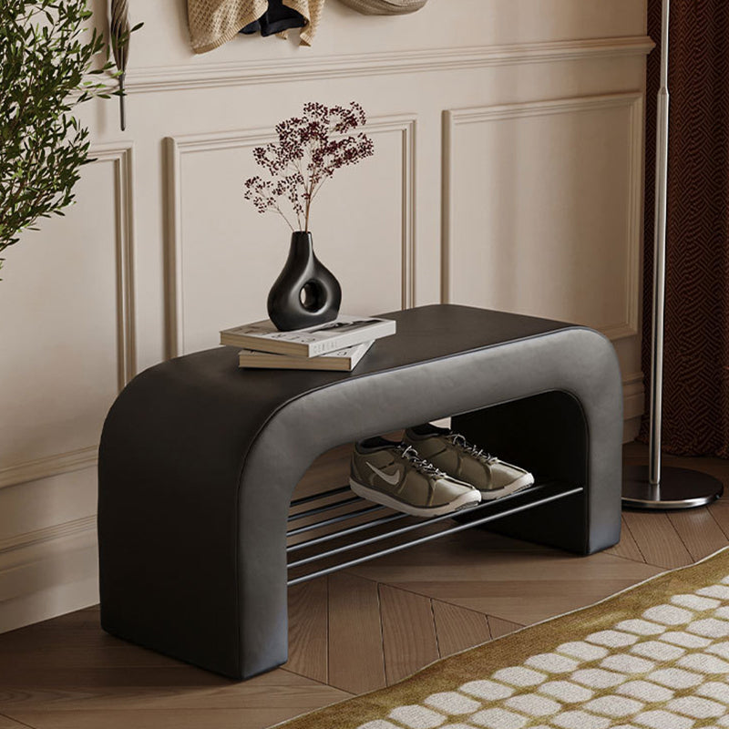 Modern Minimalist Long Rectangle Sherpa Fabric PU Leather Iron Storage Bench 1-Shelf For Entryways
