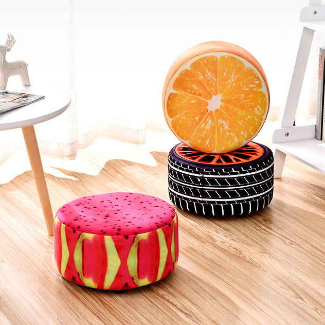 Modern Round Fabric Pouf with Creative Fruit Pattern – Kids Footstool for Living Room