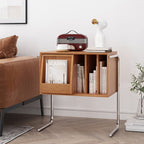 Mesa auxiliar rectangular contemporánea nórdica de dos niveles de pino, madera contrachapada y acero inoxidable para salón
