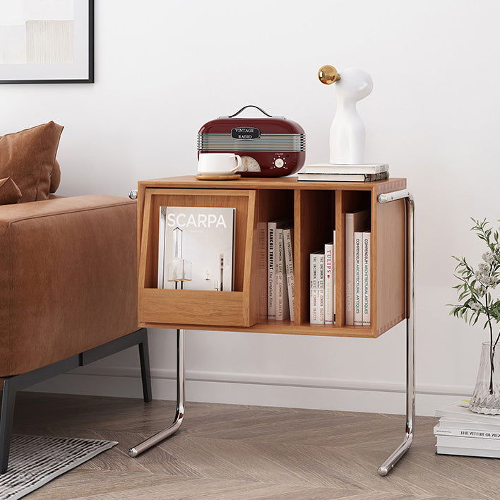Mesa auxiliar rectangular contemporánea nórdica de dos niveles de pino, madera contrachapada y acero inoxidable para salón