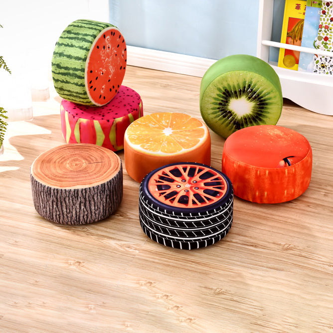 Modern Round Fabric Pouf with Creative Fruit Pattern – Kids Footstool for Living Room