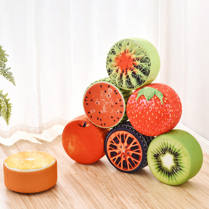 Modern Round Fabric Pouf with Creative Fruit Pattern – Kids Footstool for Living Room