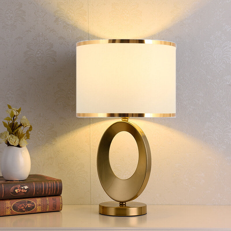 Modern Glam Gold Geometric Ring Table Lamp with Fabric Drum Shade Dimmable Bedside Light for Bedroom and Living Room