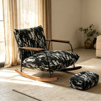 Sillón reclinable de franela con pintura a tinta, estilo retro contemporáneo, con estructura de hierro y base de madera de caucho, reposapiés, respaldo y apoyabrazos para salón.
