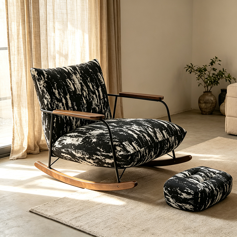 Sillón reclinable de franela con pintura a tinta, estilo retro contemporáneo, con estructura de hierro y base de madera de caucho, reposapiés, respaldo y apoyabrazos para salón.