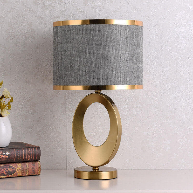 Modern Glam Gold Geometric Ring Table Lamp with Fabric Drum Shade Dimmable Bedside Light for Bedroom and Living Room