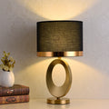 Modern Glam Gold Geometric Ring Table Lamp with Fabric Drum Shade Dimmable Bedside Light for Bedroom and Living Room