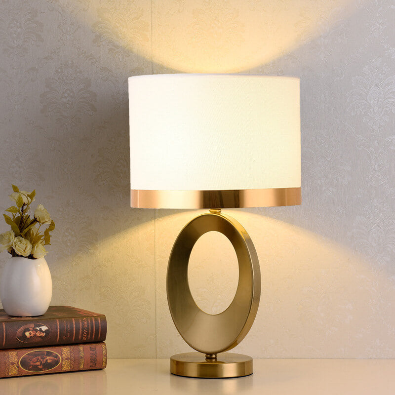 Modern Glam Gold Geometric Ring Table Lamp with Fabric Drum Shade Dimmable Bedside Light for Bedroom and Living Room