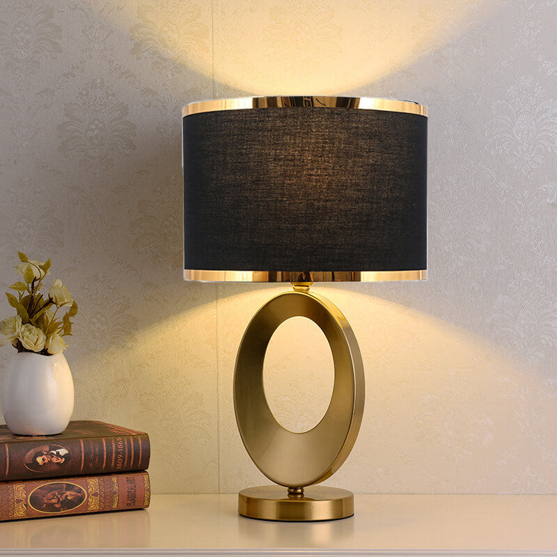 Modern Glam Gold Geometric Ring Table Lamp with Fabric Drum Shade Dimmable Bedside Light for Bedroom and Living Room