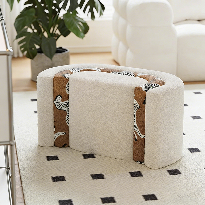 Contemporary U-Shaped Low Stool with Plywood Frame, Sherpa Fabric, Zebra Pattern — Perfect for Entryway and Living Room