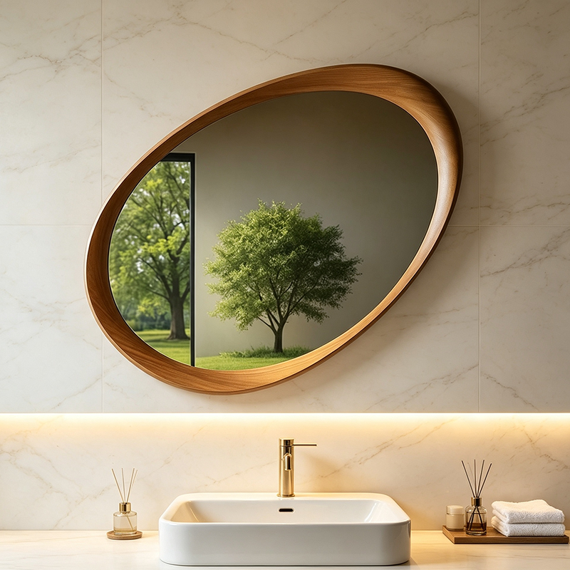 Traditional Vintage Oval Rubberwood Solid Wood Tempered Glass Wall Mirror For Bedroom