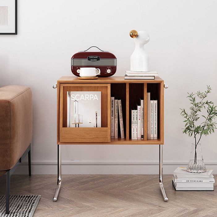 Mesa auxiliar rectangular contemporánea nórdica de dos niveles de pino, madera contrachapada y acero inoxidable para salón