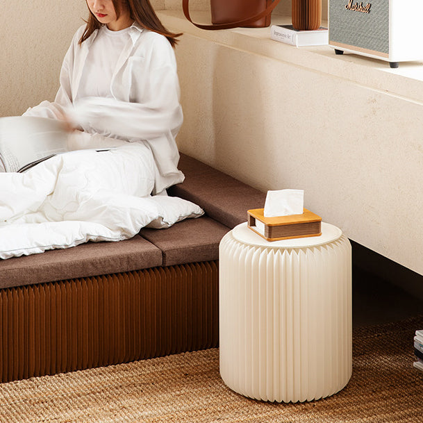 Contemporary Scandinavian Cylinder PU Leather Foldable Footstool with Kraft Paper Finish for Entryways