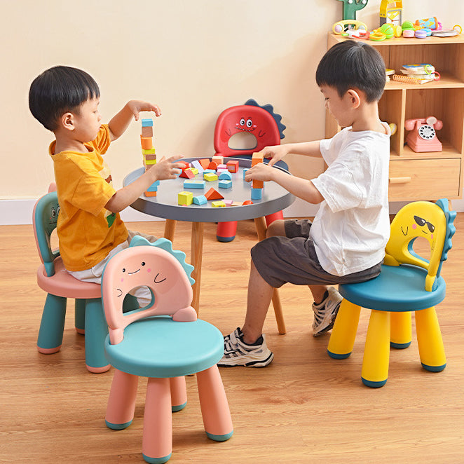 Taburete infantil redondo de plástico con respaldo de dinosaurio contemporáneo - Divertido acento para la sala de estar