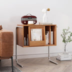 Mesa auxiliar rectangular contemporánea nórdica de dos niveles de pino, madera contrachapada y acero inoxidable para salón