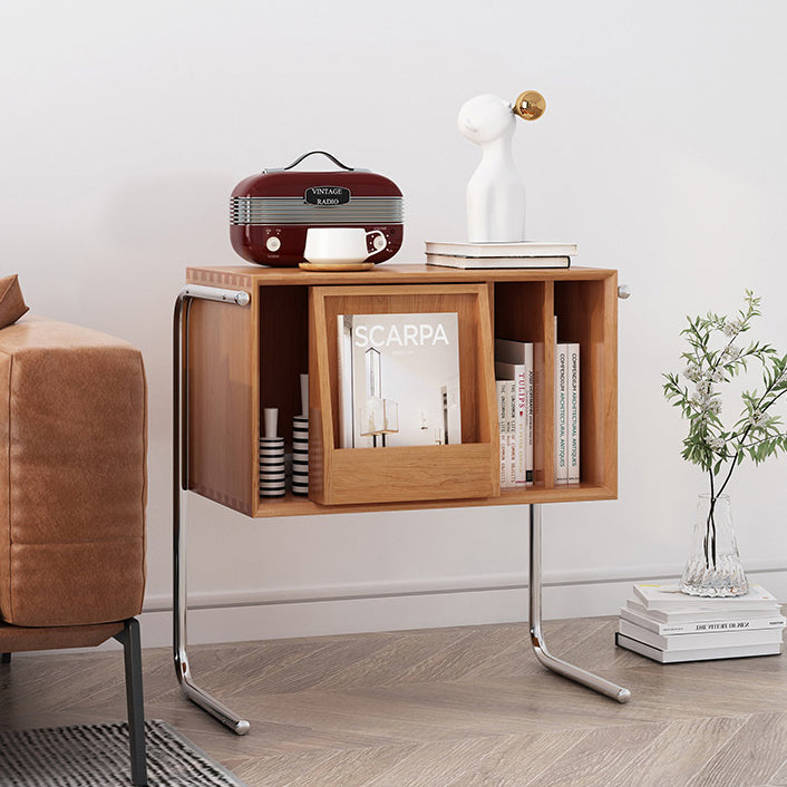 Mesa auxiliar rectangular contemporánea nórdica de dos niveles de pino, madera contrachapada y acero inoxidable para salón