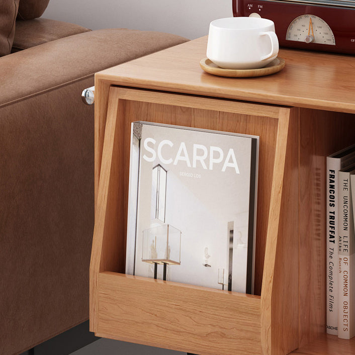 Mesa auxiliar rectangular contemporánea nórdica de dos niveles de pino, madera contrachapada y acero inoxidable para salón