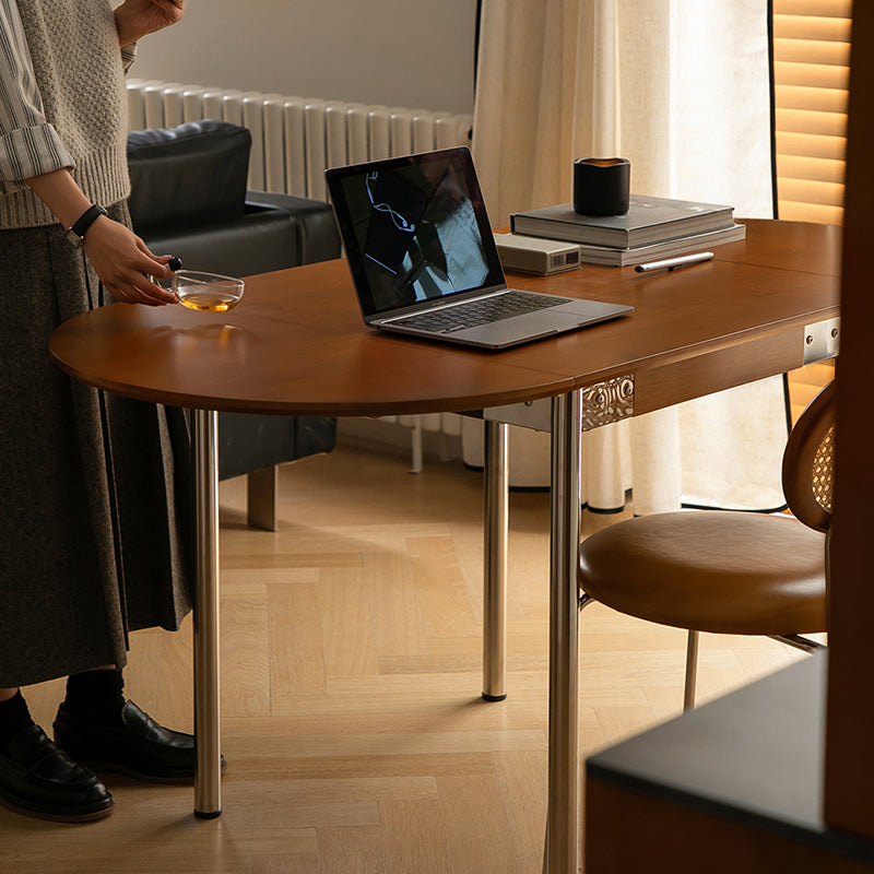 Mesa de comedor moderna minimalista plegable ovalada de madera y acero inoxidable con tablero de melamina para 4 personas