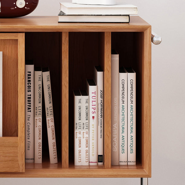 Mesa auxiliar rectangular contemporánea nórdica de dos niveles de pino, madera contrachapada y acero inoxidable para salón