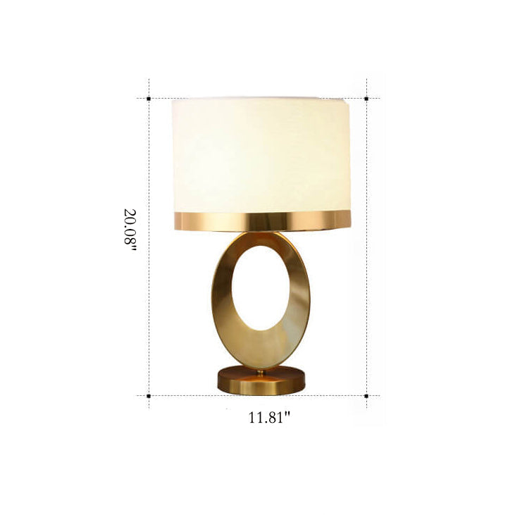 Modern Glam Gold Geometric Ring Table Lamp with Fabric Drum Shade Dimmable Bedside Light for Bedroom and Living Room