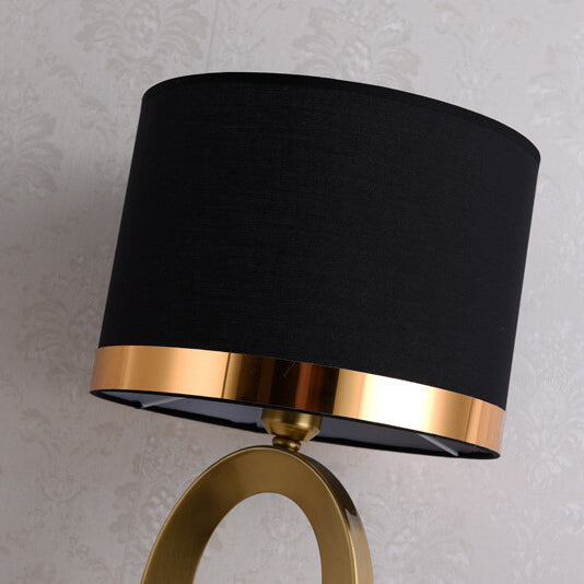 Modern Glam Gold Geometric Ring Table Lamp with Fabric Drum Shade Dimmable Bedside Light for Bedroom and Living Room
