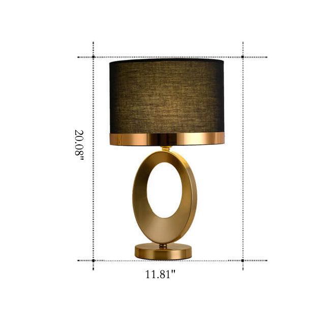 Modern Glam Gold Geometric Ring Table Lamp with Fabric Drum Shade Dimmable Bedside Light for Bedroom and Living Room