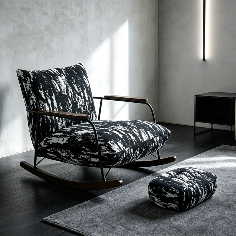 Contemporary Retro Ink-Painted Flannelette Recliner with Iron Frame and Rubberwood Base, Footrest, Backrest & Armrests for Living Room