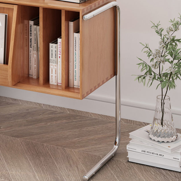 Mesa auxiliar rectangular contemporánea nórdica de dos niveles de pino, madera contrachapada y acero inoxidable para salón