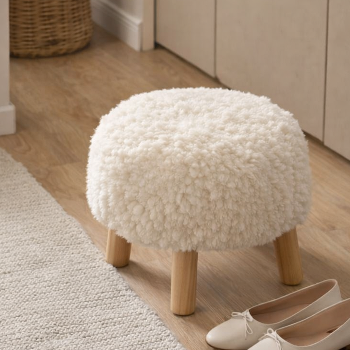 Modern Scandinavian Round Stool in Solid Wood with Sherpa Fabric - Low Profile for Entryway & Living Room