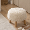 Modern Scandinavian Round Stool in Solid Wood with Sherpa Fabric - Low Profile for Entryway & Living Room