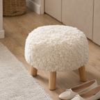 Modern Scandinavian Round Stool in Solid Wood with Sherpa Fabric - Low Profile for Entryway & Living Room