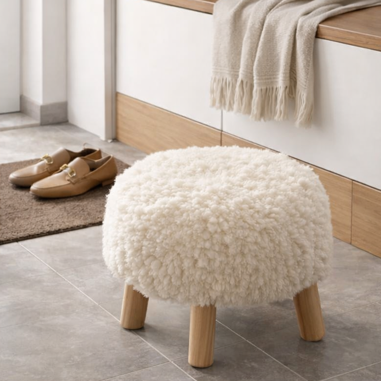 Modern Scandinavian Round Stool in Solid Wood with Sherpa Fabric - Low Profile for Entryway & Living Room