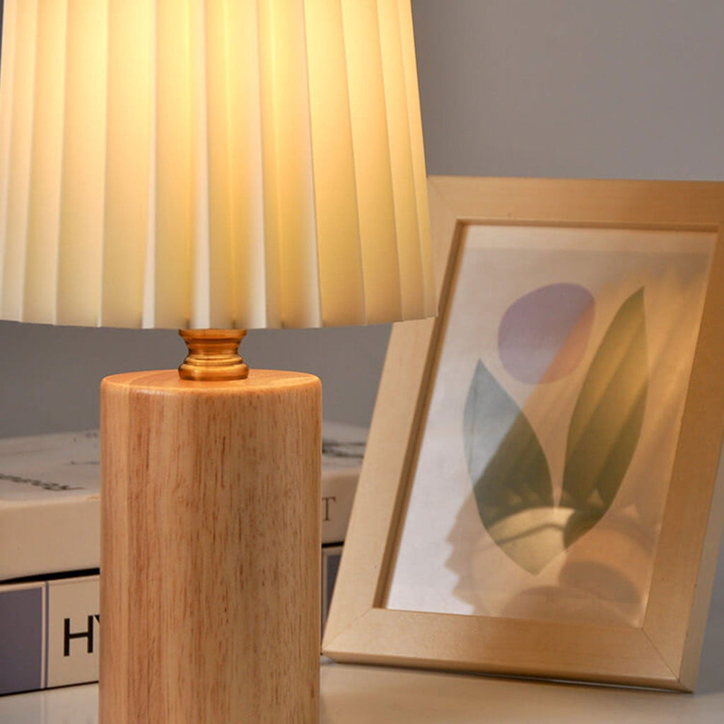 Vintage Pleated Shade Solid Wood Table Lamp Dimmable LED Bedside Desk Light for Bedroom and Living Room