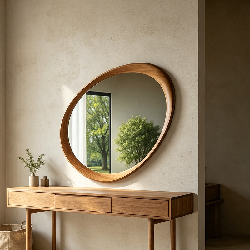 Traditional Vintage Oval Rubberwood Solid Wood Tempered Glass Wall Mirror For Bedroom