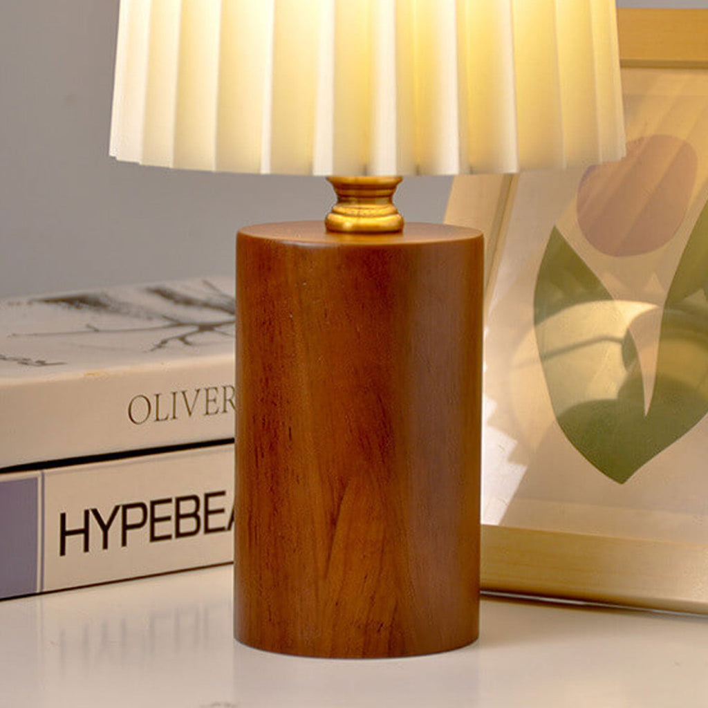 Vintage Pleated Shade Solid Wood Table Lamp Dimmable LED Bedside Desk Light for Bedroom and Living Room