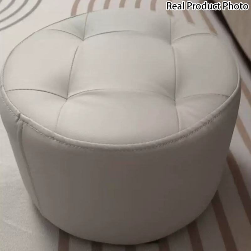 Contemporary Scandinavian Cat-Scratch Leather Round Cylinder Low Stool - Pine Wood Living Room Accent