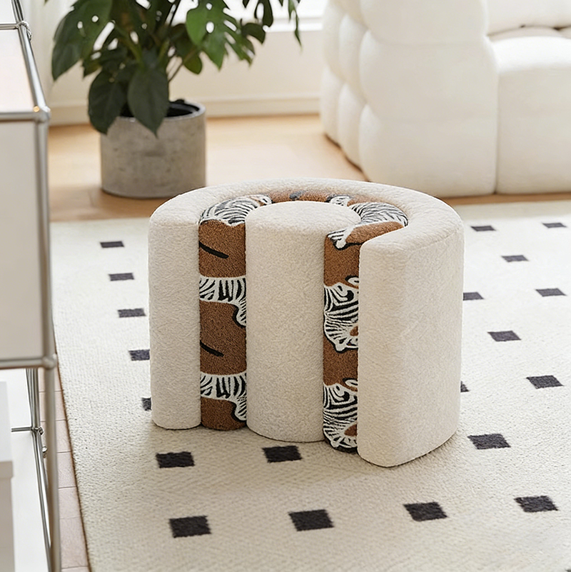Contemporary U-Shaped Low Stool with Plywood Frame, Sherpa Fabric, Zebra Pattern — Perfect for Entryway and Living Room