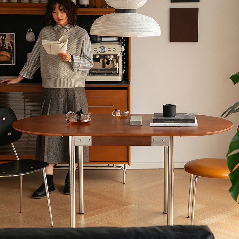 Mesa de comedor moderna minimalista plegable ovalada de madera y acero inoxidable con tablero de melamina para 4 personas