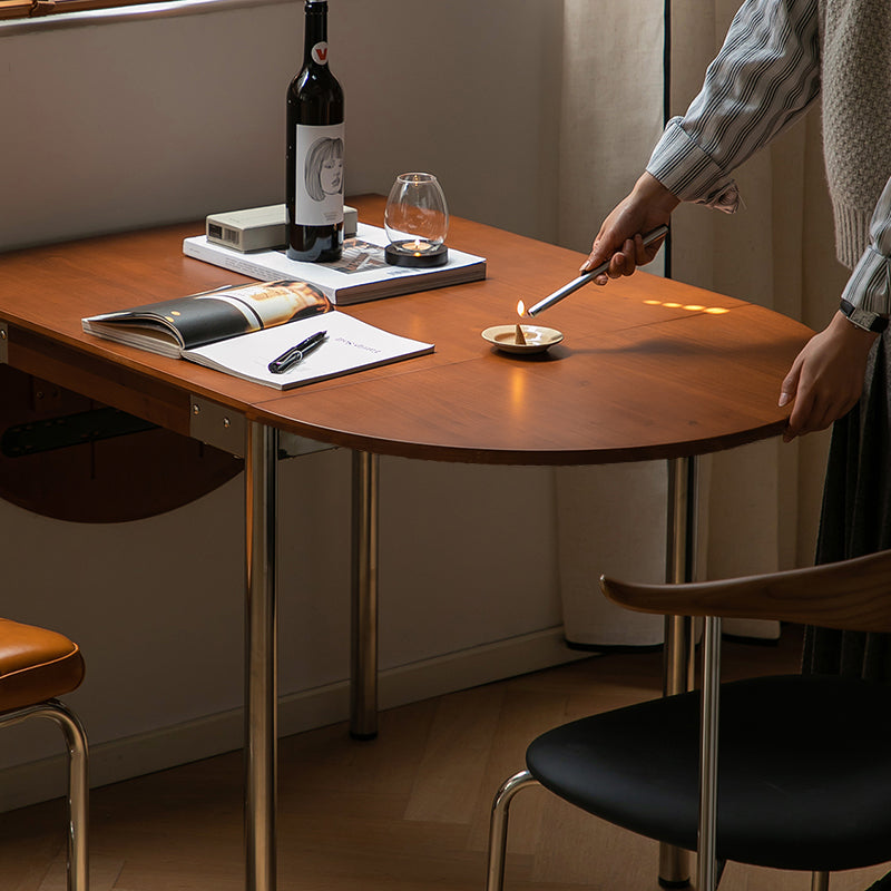 Mesa de comedor moderna minimalista plegable ovalada de madera y acero inoxidable con tablero de melamina para 4 personas