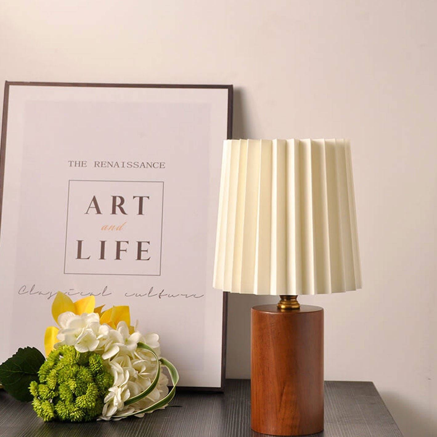 Vintage Pleated Shade Solid Wood Table Lamp Dimmable LED Bedside Desk Light for Bedroom and Living Room