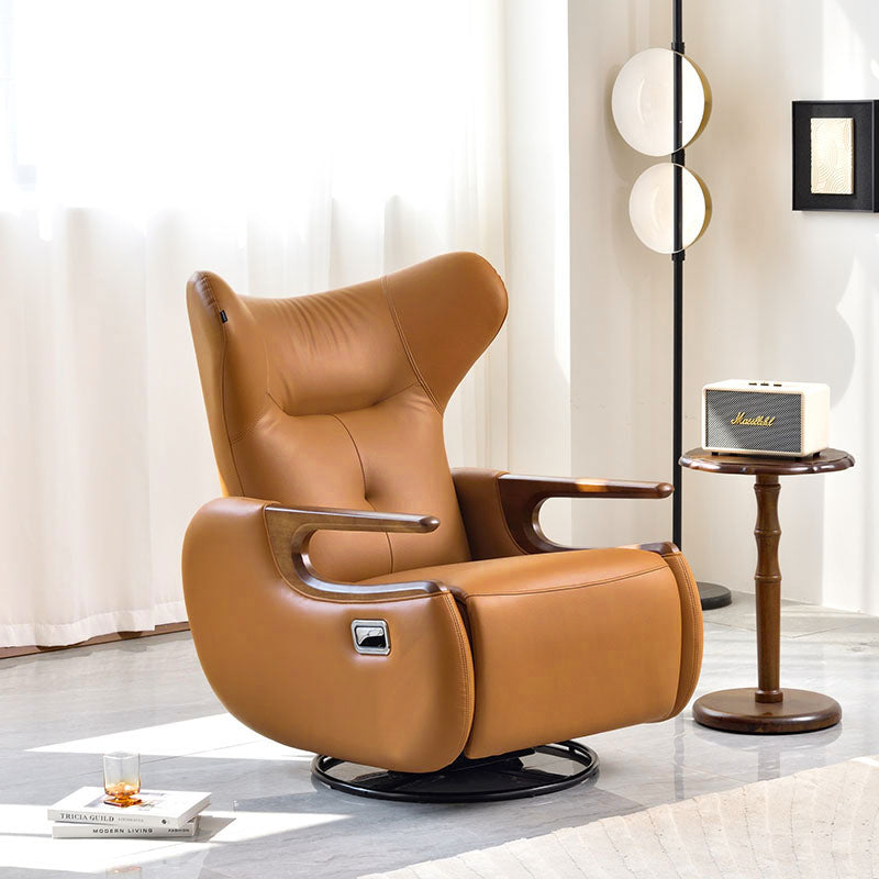 Retro Eco Leather & Solid Wood Swivel Recliner Lounge Chair with Metal Base – Adjustable Rocking Accent Chair with Oak Armrests & Footrests