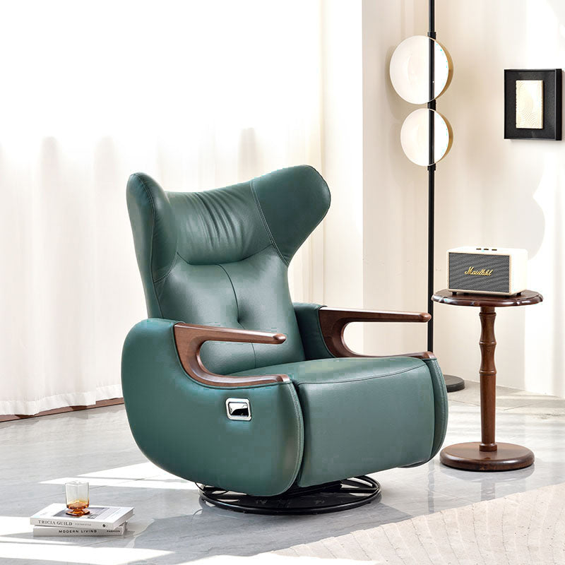 Retro Eco Leather & Solid Wood Swivel Recliner Lounge Chair with Metal Base – Adjustable Rocking Accent Chair with Oak Armrests & Footrests