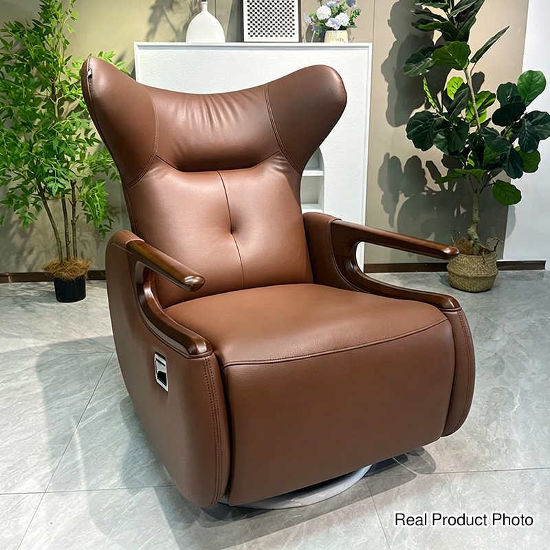 Sillón reclinable giratorio retro de piel ecológica y madera maciza con base metálica – Sillón balancín ajustable con reposabrazos y reposapiés de roble