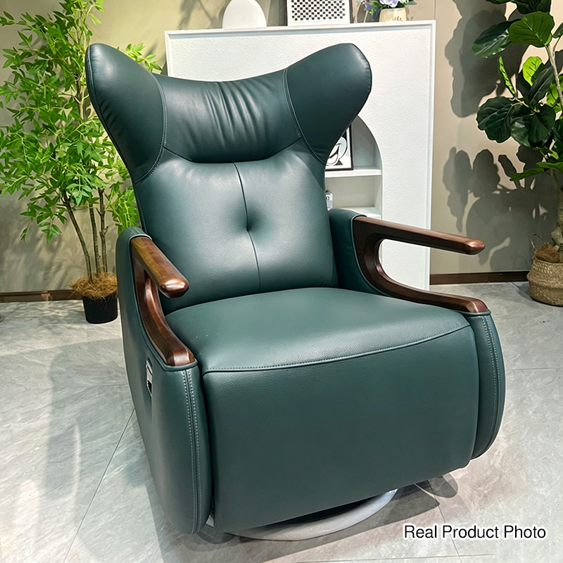 Sillón reclinable giratorio retro de piel ecológica y madera maciza con base metálica – Sillón balancín ajustable con reposabrazos y reposapiés de roble
