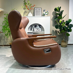 Sillón reclinable giratorio retro de piel ecológica y madera maciza con base metálica – Sillón balancín ajustable con reposabrazos y reposapiés de roble